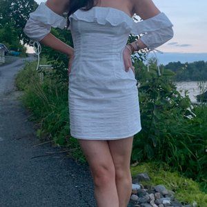 White Eyelet Off The Shoulder Mini Dress